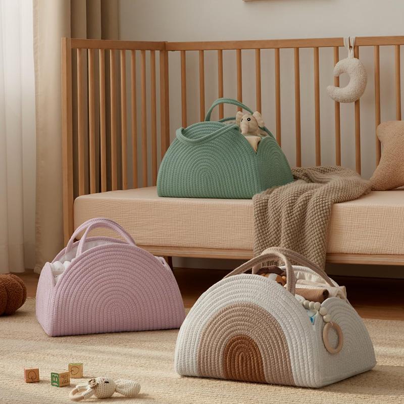 Woven Diaper Basket Large Capacity, Portable Storage Box with Handle, Diaper Storage Basket Rope Weaving, Birthday Gifts, Christening Gifts