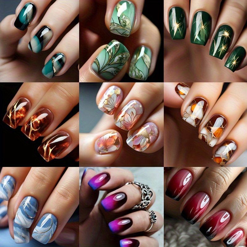 TEMU 216pcs (9pack)pressing Nail Set - Medium Square, Glossy Surface, Striped And Gradient Design, In Brown, Blue, Purple Colors - Reusable Fake Nails, Suitable For Fashionable Nail Art Matching