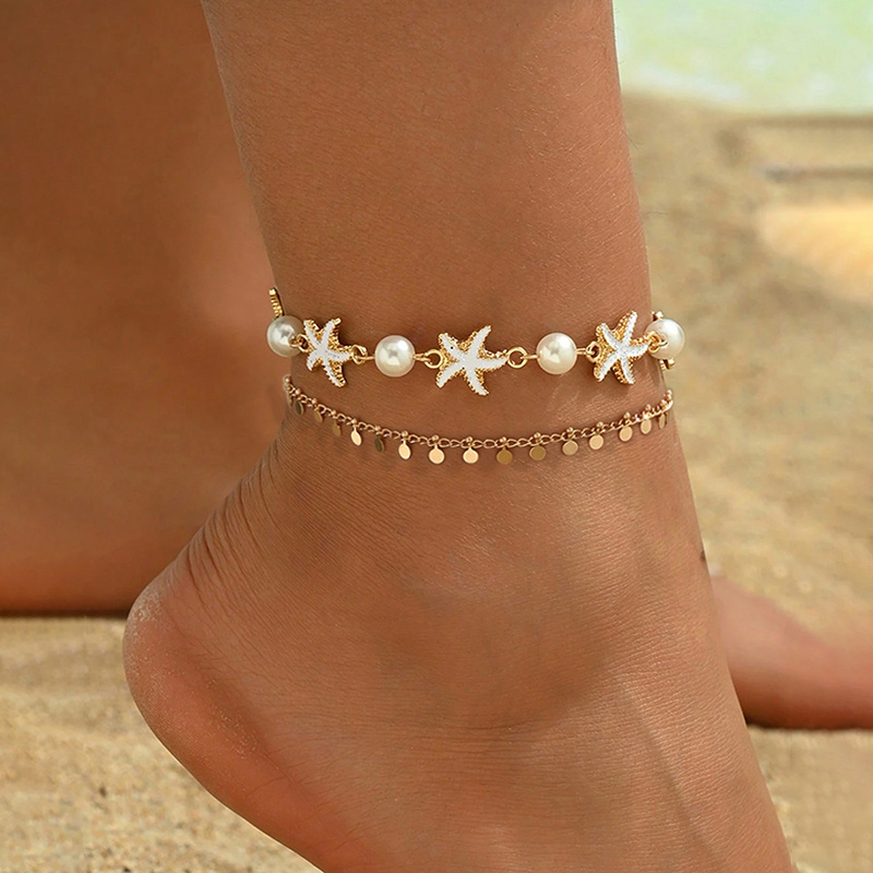 TEMU 2pcs Summer Beach Vacation Golden Artificial Starfish Anklet, Bohemian Style Golden Round Disc Tassel Anklet Set, Women's Anklet, Iron Material,
