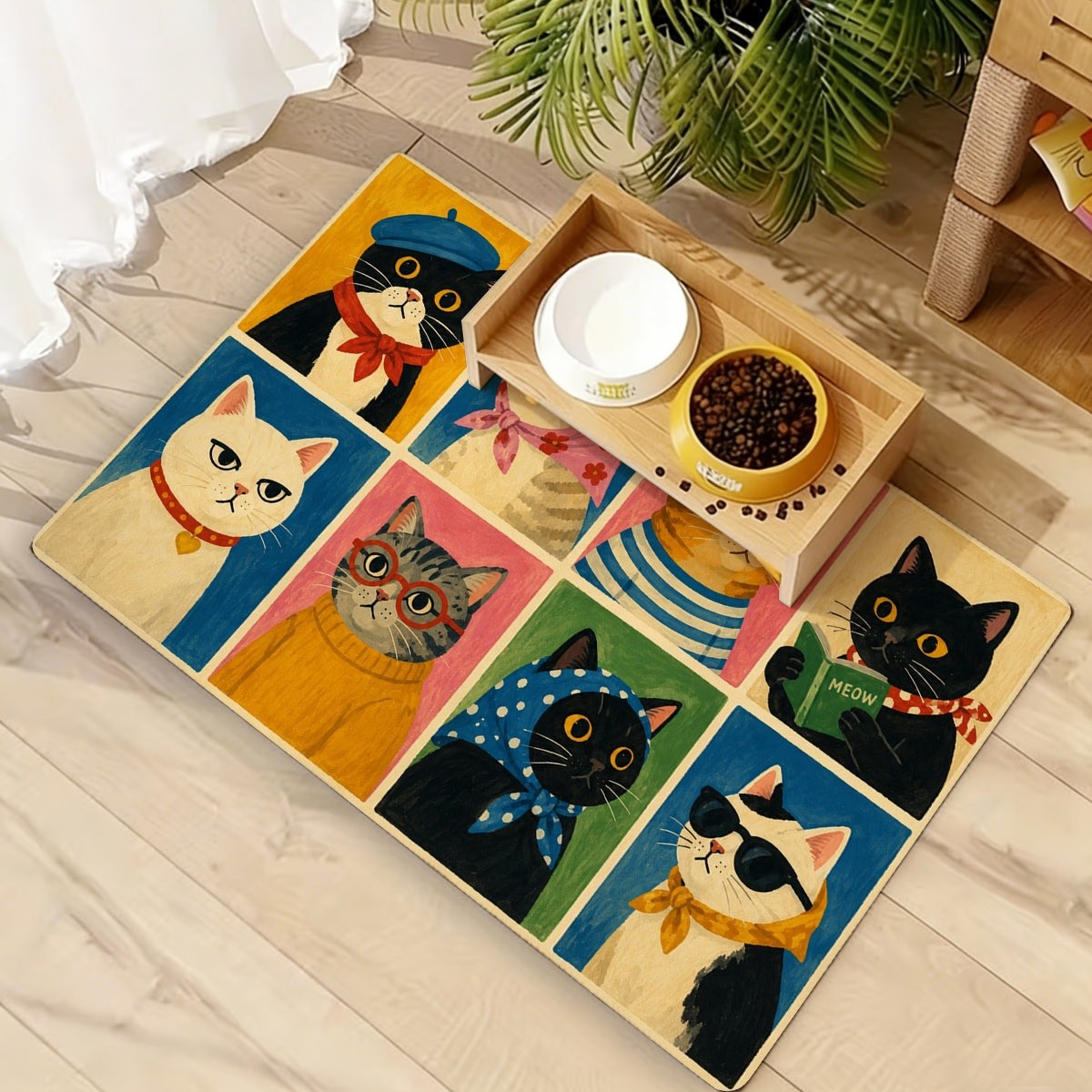 TEMU Cute 8pcs Set Of Multi-colored Cat-shaped Printed Diatomite Feeding Mats For Cats, With Decorative Patterns, Non-slip And Absorbent Pet Food And