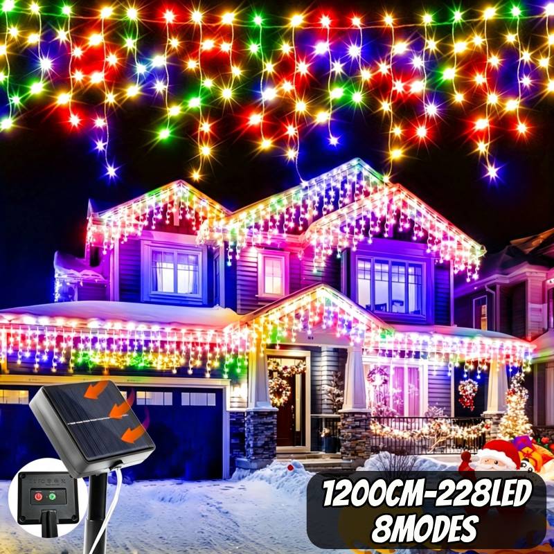 TEMU 96/162/228-led Solar Icicle Fairy String Lights, Outdoor Light Strip With 8 Lighting , Hanging Christmas Decorative Lights, Ip44 Protection