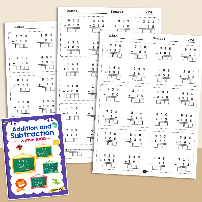 Image of 1 Book Of 32 Pages Of 3-digit Math Workbook, Addition And Subtraction 1000, 3+ Elementary School Fun Problems, Family Classroom After-school Timed Practice Book, Elementary School Math Workbook
