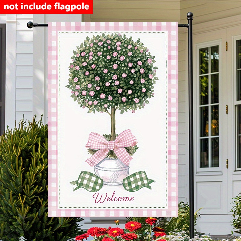 TEMU 1pc 2d Flat 12x18 Inch Double-sided Garden Flag Whimsical Pink Polka Dotted Topiary In Gingham Pot Ideal For Brightening Living Rooms And