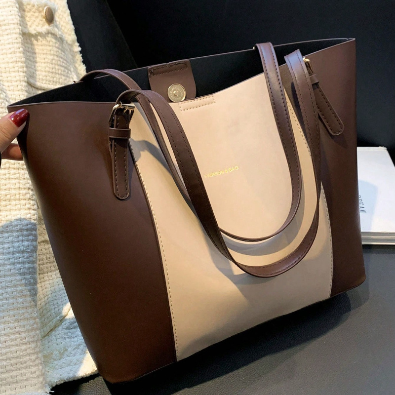 Women' Large Capacity Tote Bag with Colorblock Patchwork ( //) & Golden Foil Letter - Adjustable Strap, Closure, Elegant Handbag for Work, Commute, Travel - Multi-Purpose Casual &