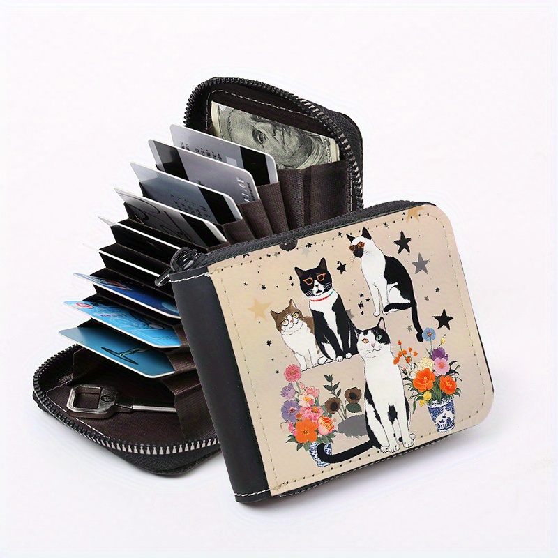 

1pc Whimsycat Print Leather Women', Compact Portable Accordion-style Card Holder With 9+2 Slots, Fashionable Zippered Clutch For Daily Use, Multi-functional For Gifts