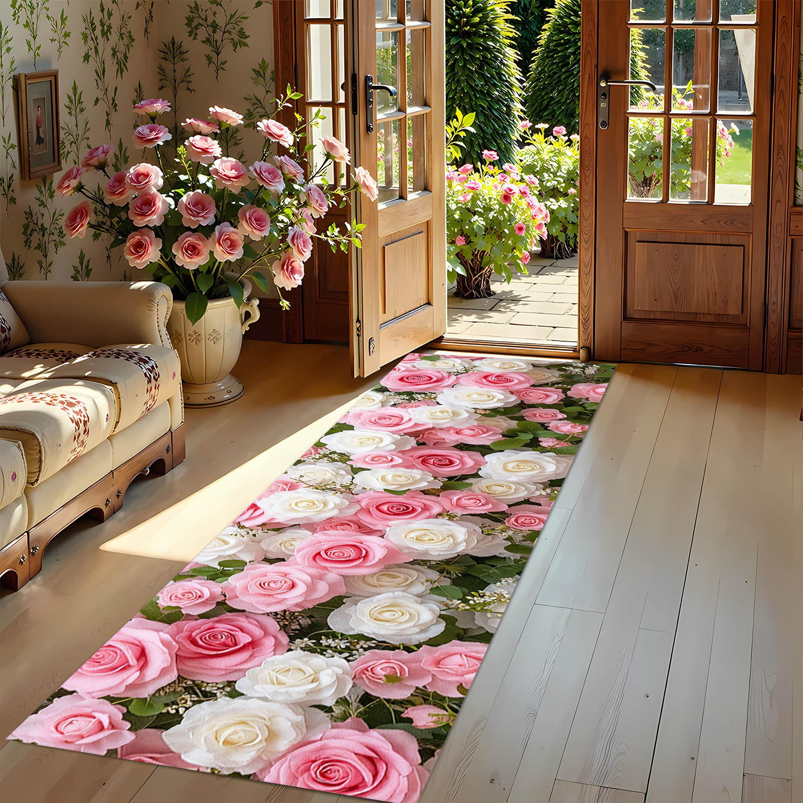 una alfombra larga con un diseño de rosas  ,   para   un   romántico a tu hogar. esta alfombra de franela es lavable a máquina y adecuada para varios espacios interiores como  , el dormitorio, el pasillo, la cocina.