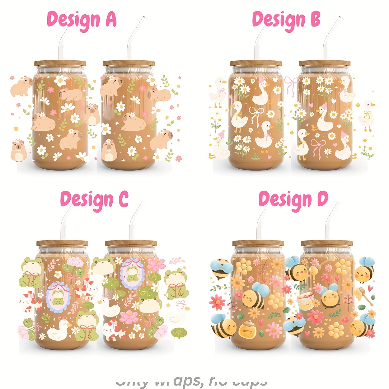 TEMU 4pcs Set Of Adorable Floral Capybars, Frogs, For Lotus Flowers, Bees, , Daisies, And Geese Uv Dtf Wraps, Suitable For 16oz Glass Jars. Fantasy