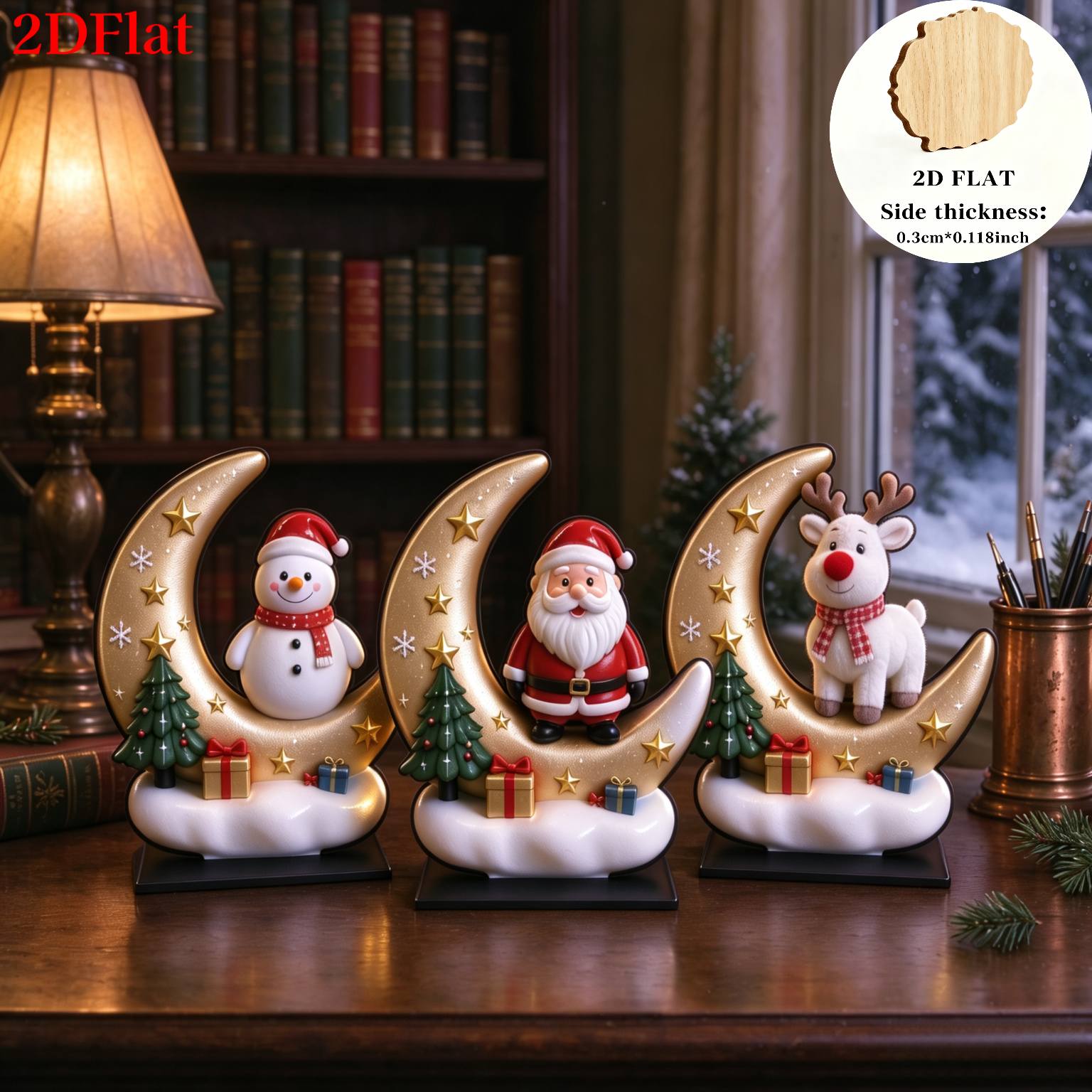 TEMU 2d Flat, 3pcs Moon Christmas Ornament Set, Santa Claus Snowman Desktop Decoration, Christmas Home Dining Table Fireplace Kitchen Dining Room