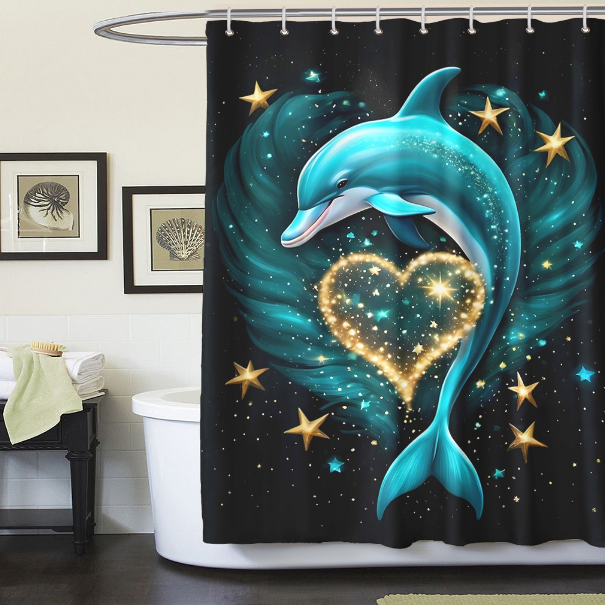 4pcs Dolphin Heart Pattern Shower Curtain Set with Hooks