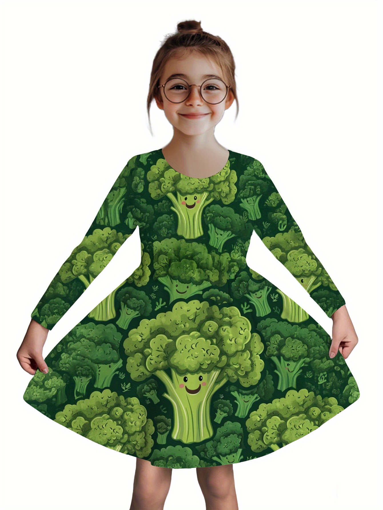 Girls Broccoli Print Long Sleeve Dress - Cute Vegetable  -Line Party Dress with Round Neck, Machine Washable for Halloween, Christmas, Birthdays & Casual Attire | Spring Summer Fall Outfits for to Teen Girls ( , Random  ), Seasonal Fashion,  , Durable Fabric,  , Party Wear
