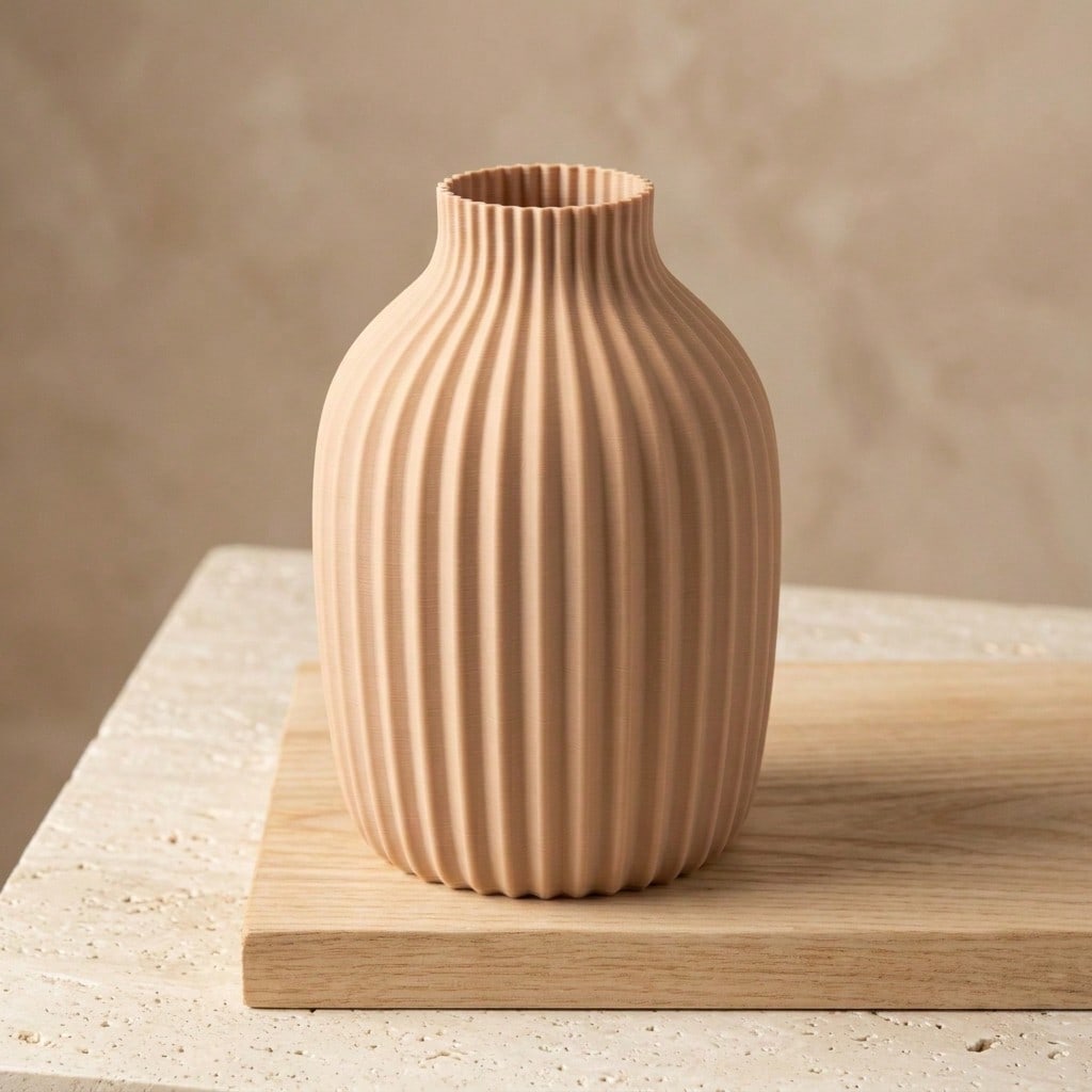 TEMU . Moderne minimalistische vertikale gerippte Kunstkeramik-Kunststoffvase, skandinavischer Stil, einfarbig beige, zylindrische Form, texturierte