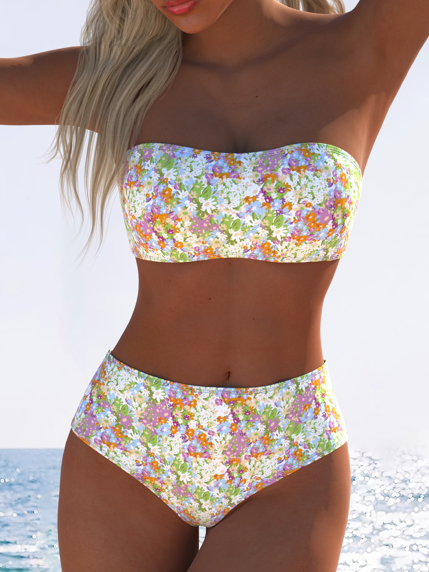 new womens floral print strapless bikini set sexy high neck Temu