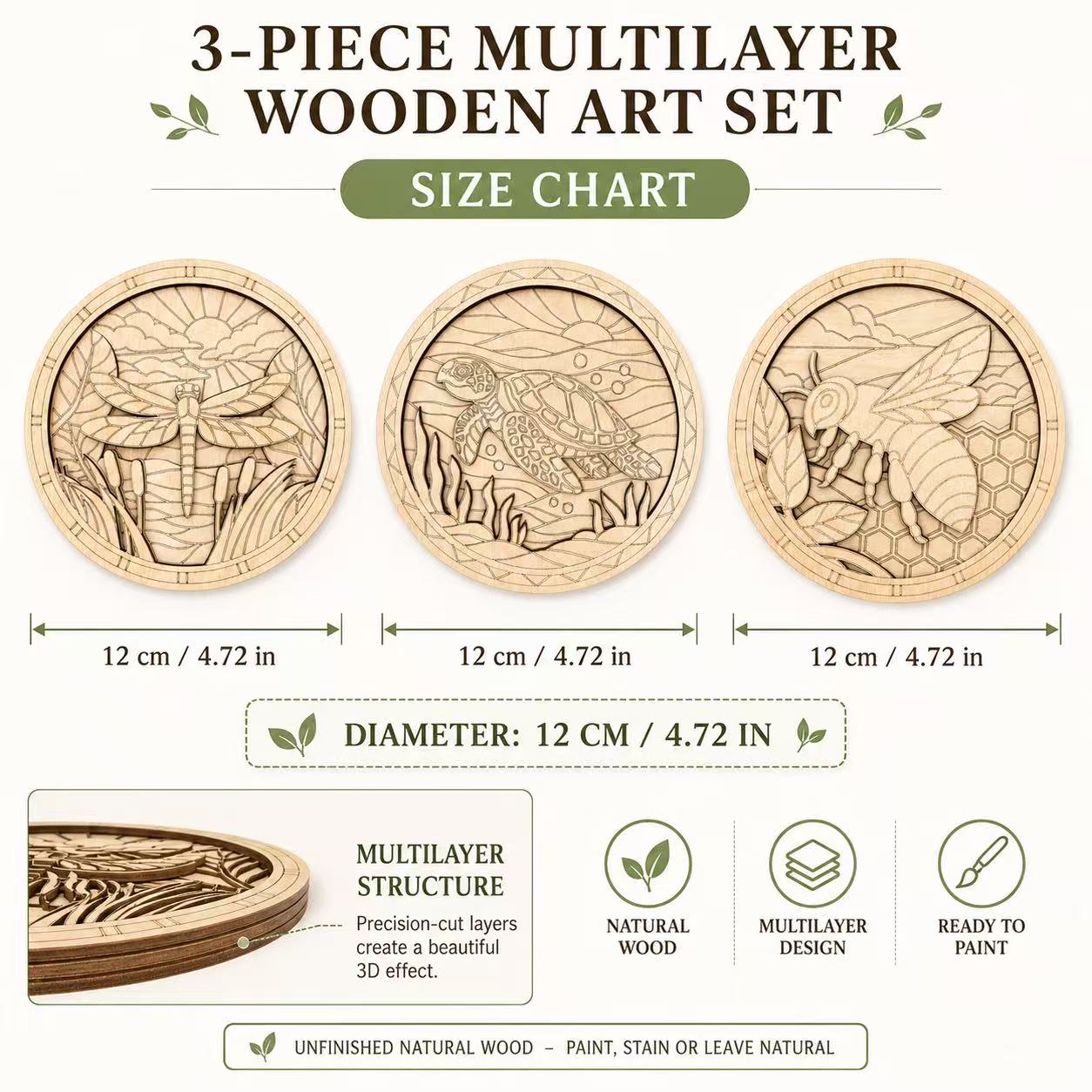 2d Flat, 3 Set Diy Layered Kit, 4-layer Paintable Wood Craft Set, Bee Honeycomb Turtle Dragonfly Wall Decor, Laser-cut Wooden Painting Kit For Shelf, Desk, Home Decoration & Creative Gift