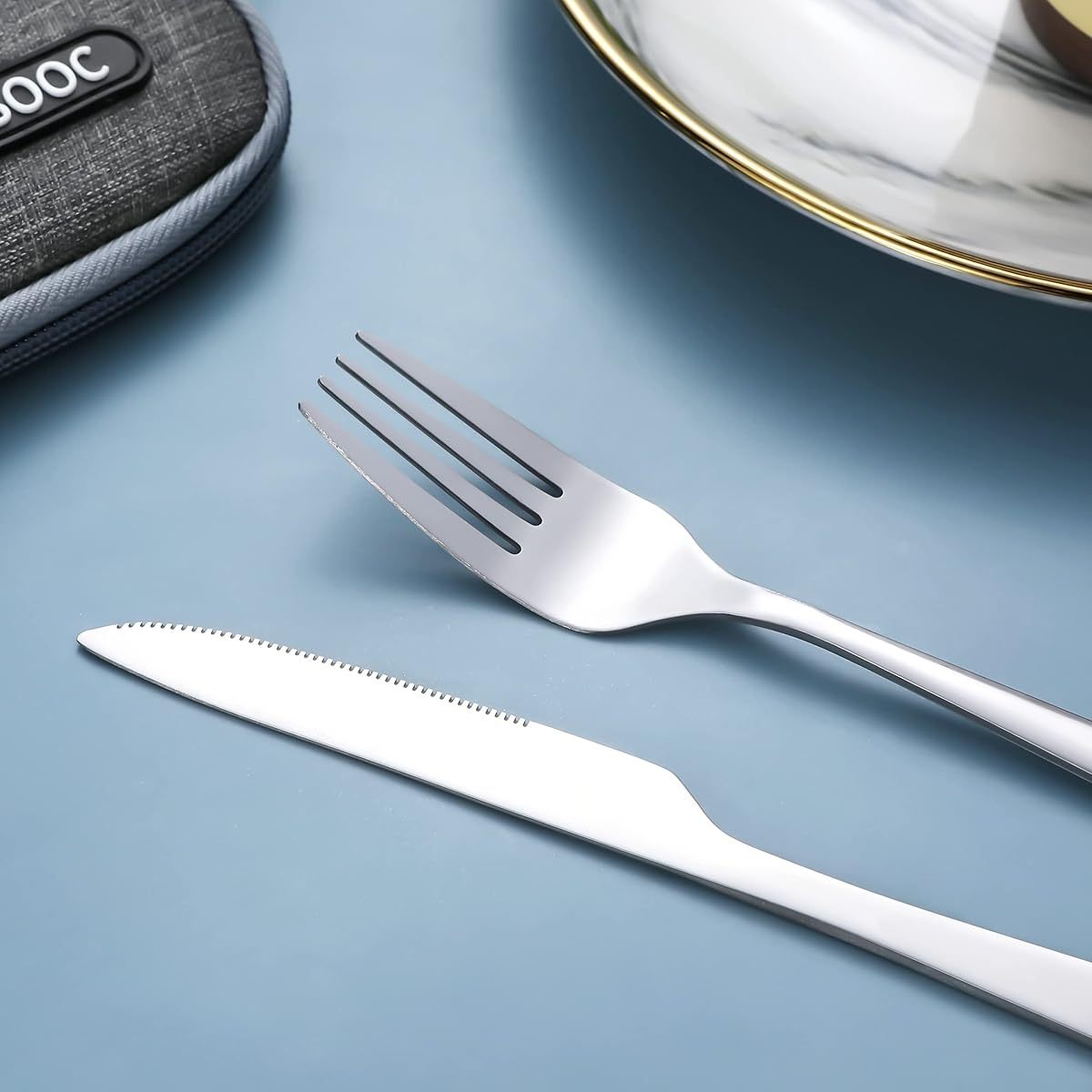 portable utensils travel camping cutlery set portable stainless steel flatware set travel silverware dinnerware set with a waterproof case 2 sets silvery Product details 7