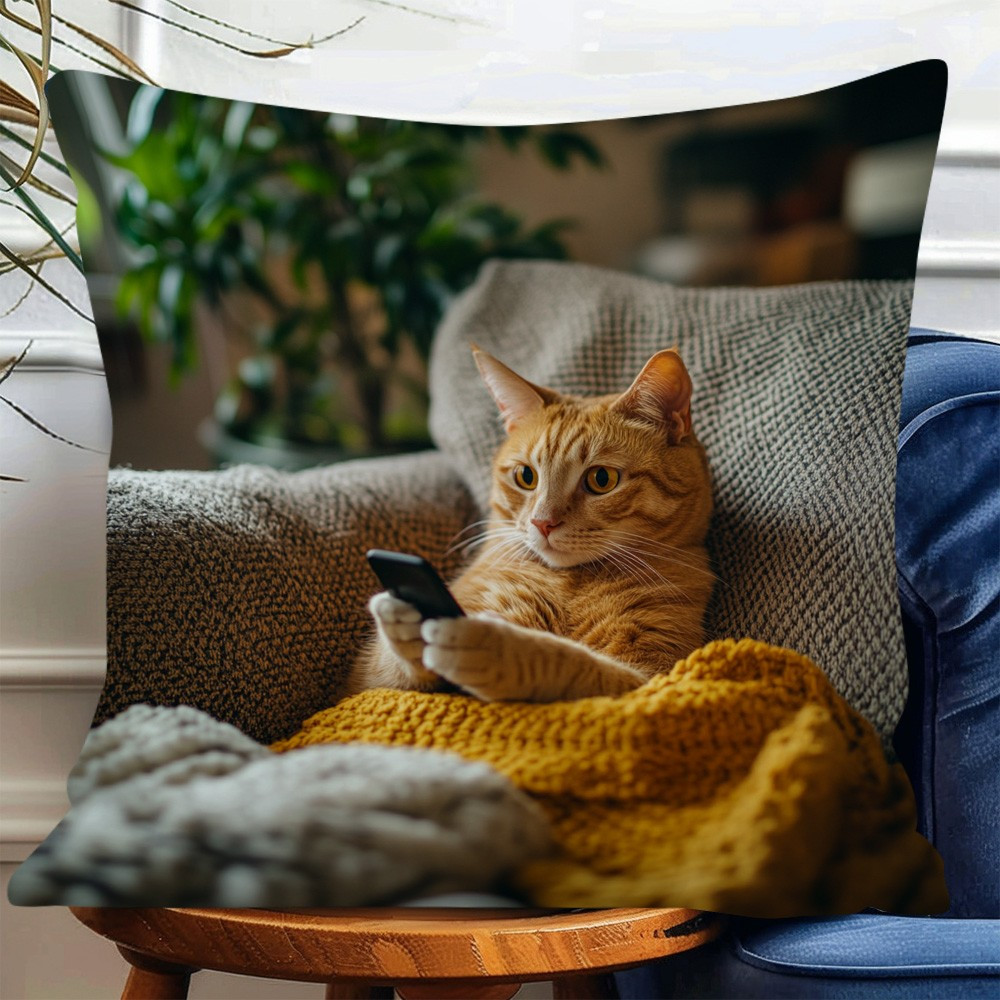 1pc vintage style throw pillow cover with adorable cat phone design durable polyester double sided print zipper closure machine washable ideal for living room sofa decor cat decor Product details 2