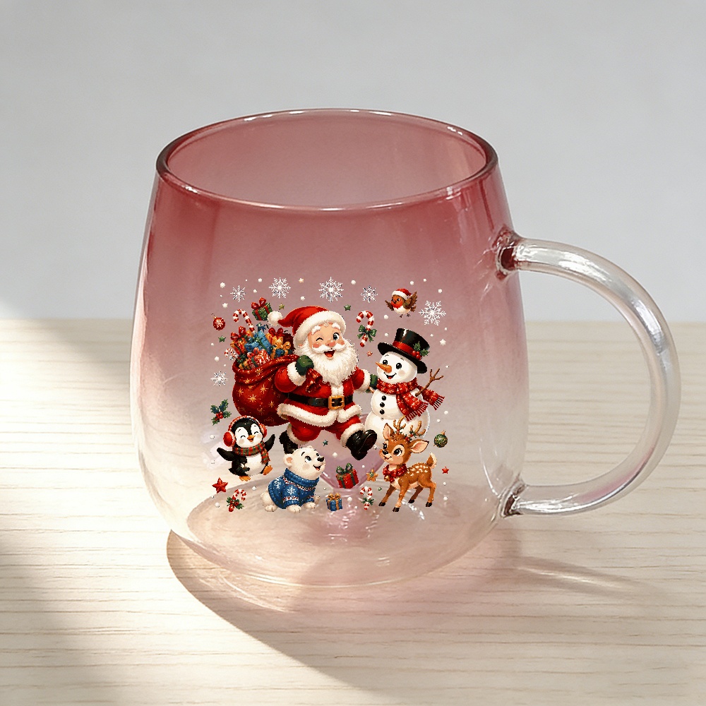 TEMU Mugs For Brewing. Santa Claus Christmas Heart Gradient Glass Mug, Cute Holiday Snowman Reindeer Penguin Printed Coffee Cup, Festive Winter Gift
