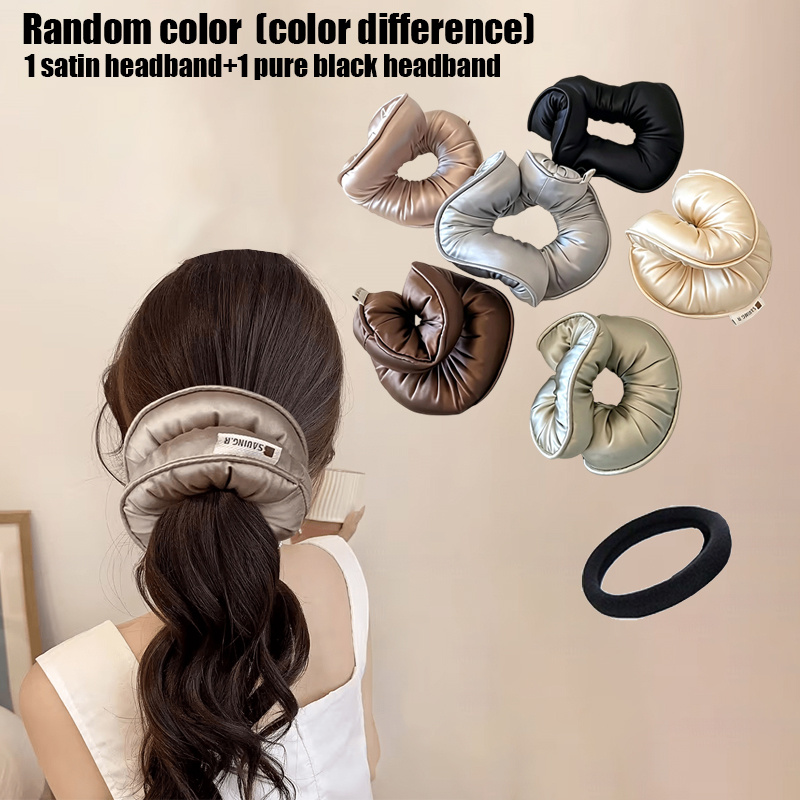 TEMU Lot de 2 pièces : 1 élastique à cheveux épais + 1 élastique à cheveux de couleur unie, serre-têtes en satin ultra-doux de couleurs aléatoires |