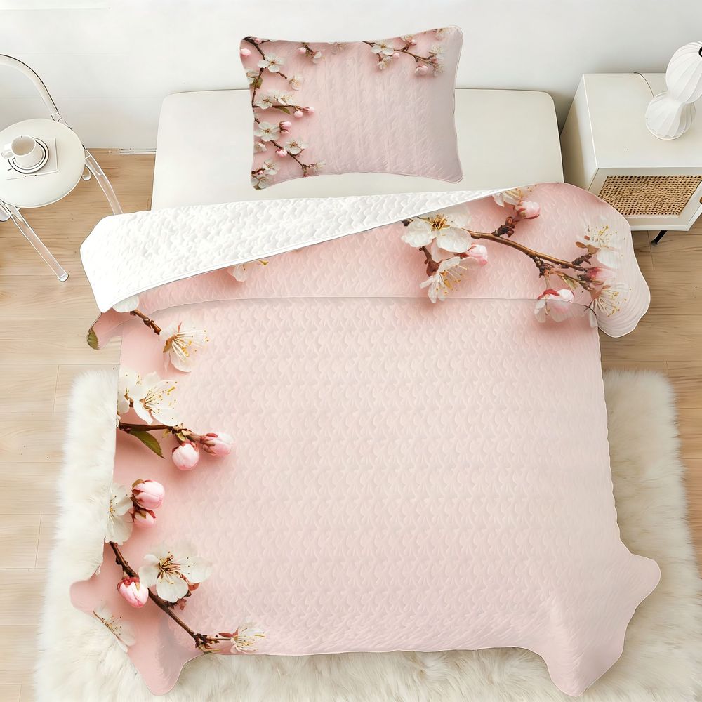 2/3pcs Quilt Set Elegant 2D Cherry Blossom Pattern Bedspread Set, Soft Pink & White Floral Quilt Bed Cover Set (1 Quilt + 1/2 Pillowcases), Spring Serene Floral Bedding for Bedroom Decor, Delicate Blossom Branches with White Flowers & Pink Buds