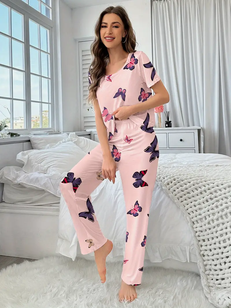 3 sets of 6pcs womens casual polyester white pink top and long pants pajama set heart print fabric short sleeve top with trousers casual loungewear sexy outside Product details 5