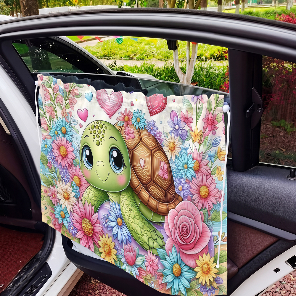 TEMU 1pc Car Sunshade, Cute Turtle Floral Jungle Print Adjustable Car Sun Visor, Suction Cup Style Interior Window Curtain Side Shade, Summer Sun