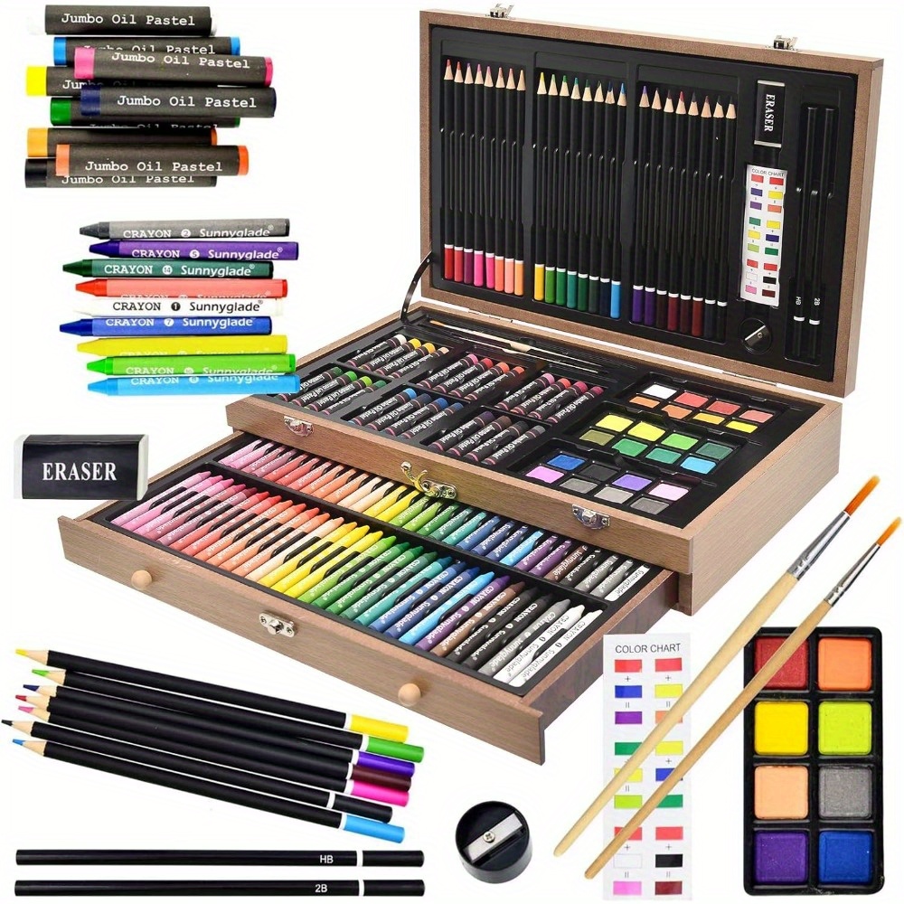 TEMU 145pcs Painting And Drawing Set Wooden Art Box, Includes Crayons, Pastels, Colored Pencils, , Pencils, Brushes, Sharpener, &