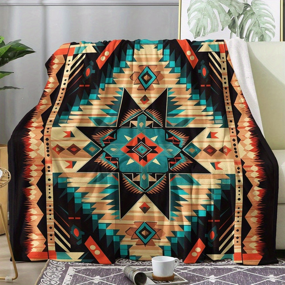 

Western-inspired King Size Throw Blanket, Southwestern Aztec-style Pattern, Super Soft Cozy Plush Flannel, Reversible Multipurpose Couch Bed Sofa Blanket