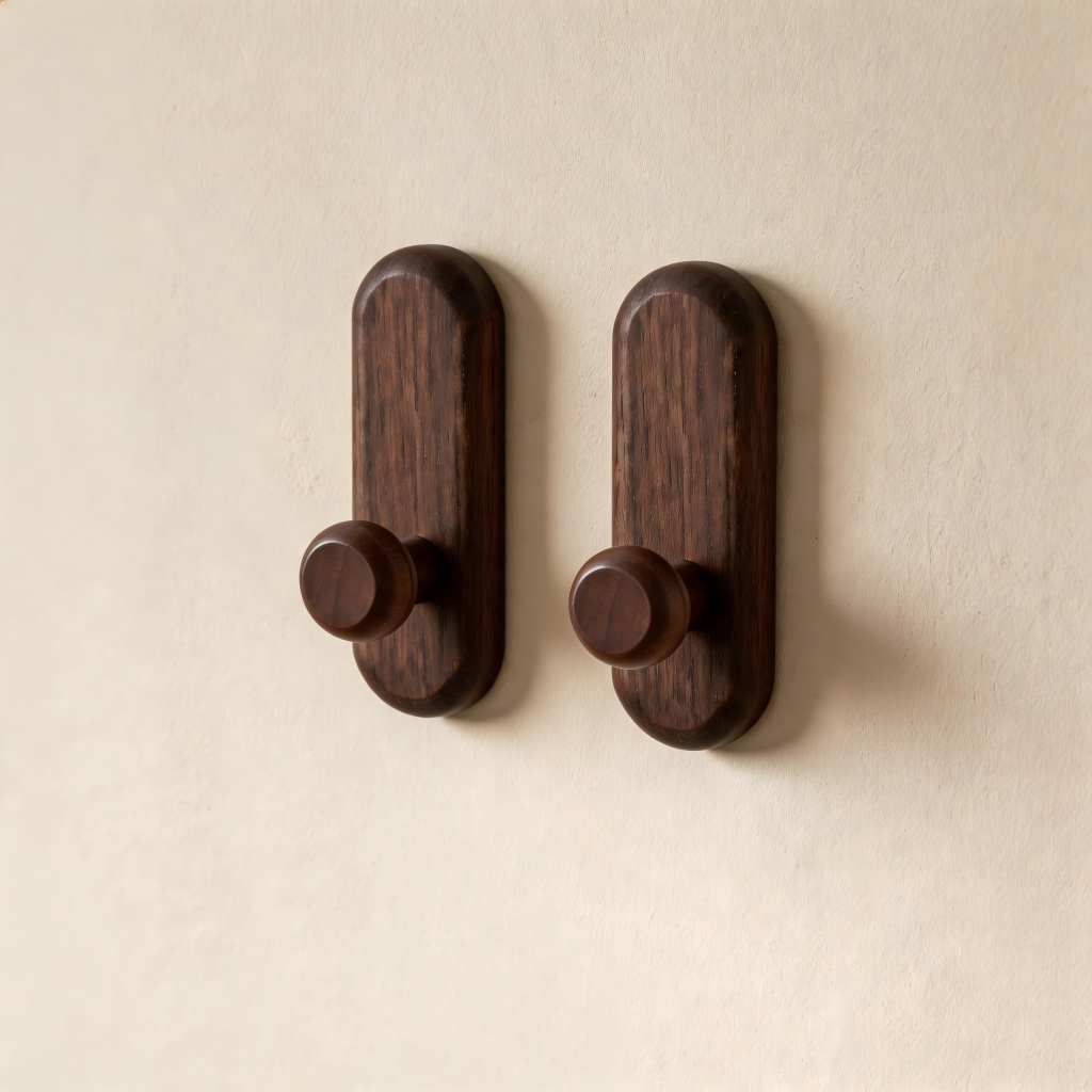 TEMU 2-pack Walnut Solid Wood No-drill Hooks - Adhesive Installation, Suitable For Walls And Doors, For Hanging Coats, Hats, Keys, And Kitchen Tools,