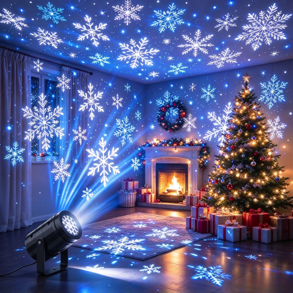 TEMU Lámpara de proyección dinámica de copo de nieve, proyector de iluminación decorativa LED, luz de noche, alimentación por USB, 360°, luz no