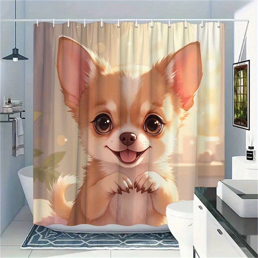 TEMU 1pc Whimsical Chihuahua Puppy Shower Curtain - Cute Brown & White Heart-shaped Paws Design, Washable Polyester Bathroom Decor With 12 Hooks,