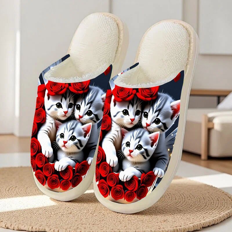 TEMU Cozy Plush Slippers For Women Men, Winter Shoes With Anti-slip Sole, Cute Kitten Print Indoor House Shoes, Women Shoes