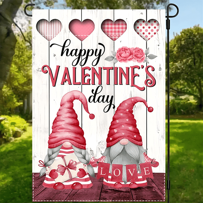 

Happy Valentine's Day Gnome Garden Flag - Double-sided, Waterproof Outdoor Decor With Floral Garland Design, Polyester, 12x18 Inches