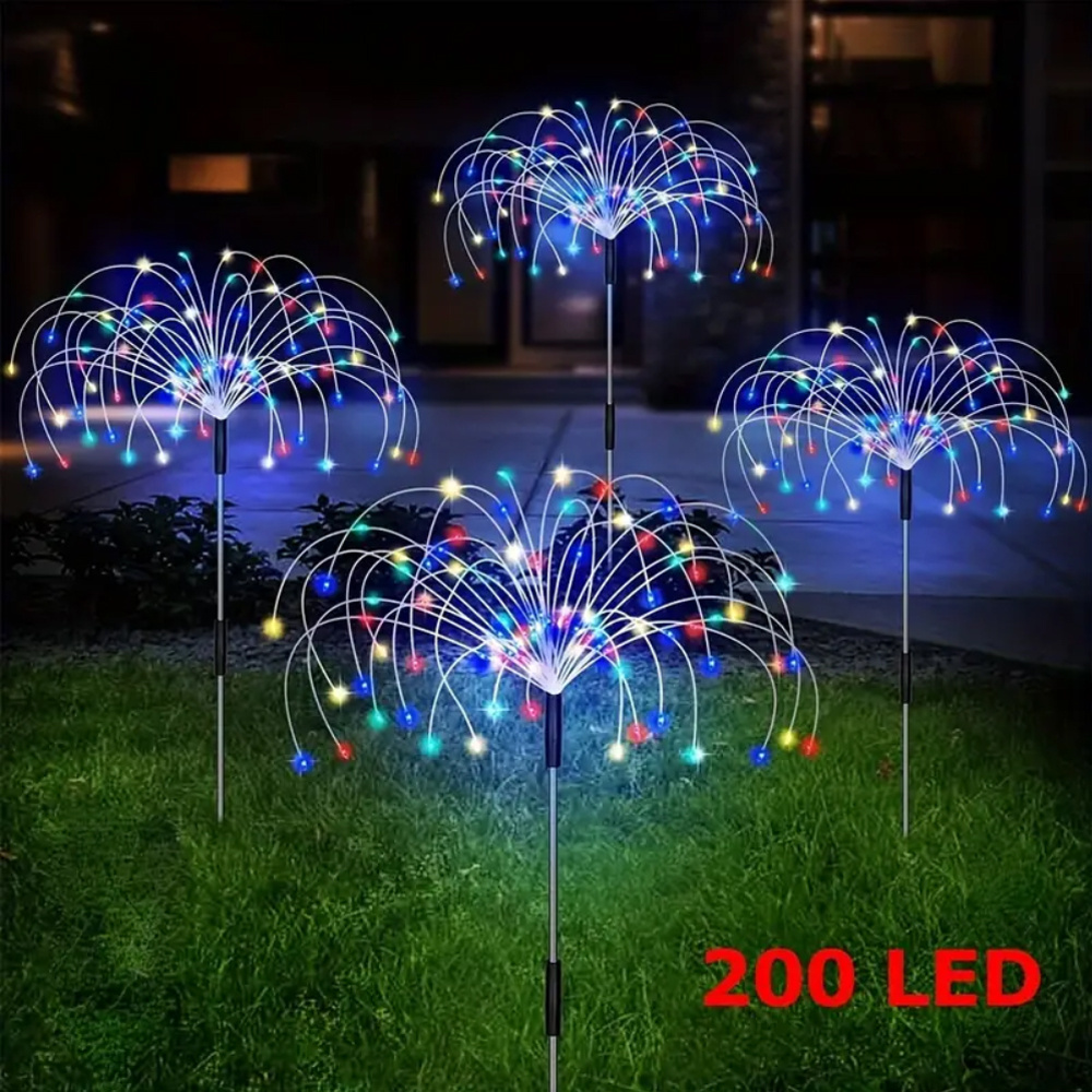 TEMU 4-pack Solar Powered Firework Led Lights - Ipx4, 200 Leds With Changing 8 , Auto , Durable Plastic For Christmas Garden, Patio, Walkway & House