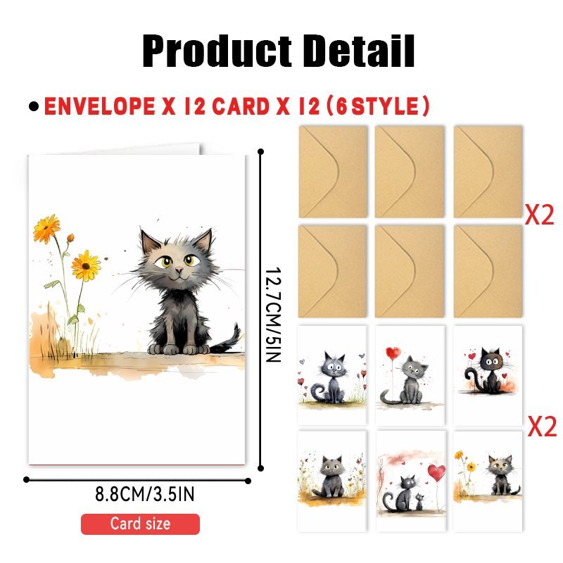 Image of 24pcs Set Of Watercolor Kitten-themed Greeting Cards With Envelopes, Suitable For Occasions, Perfect As Gifts For During Christmas And New Year