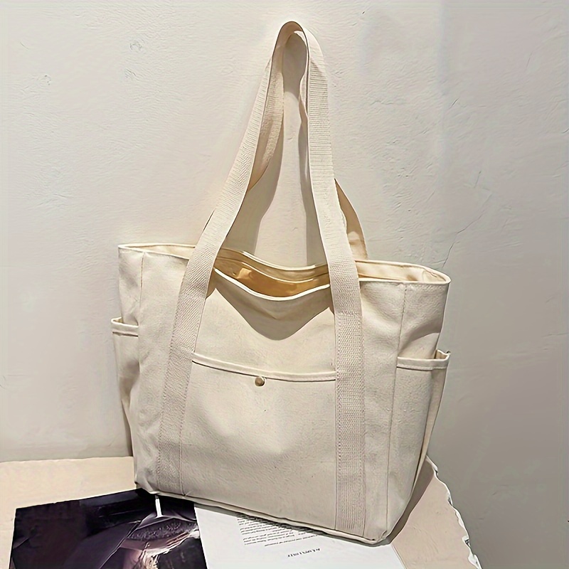 TEMU Women's Handbag, Large Capacity Thick Canvas Tote Bag, Easy And Versatile Commuter Tote, Storage, Suitable For Office Commute, Campus Preppy