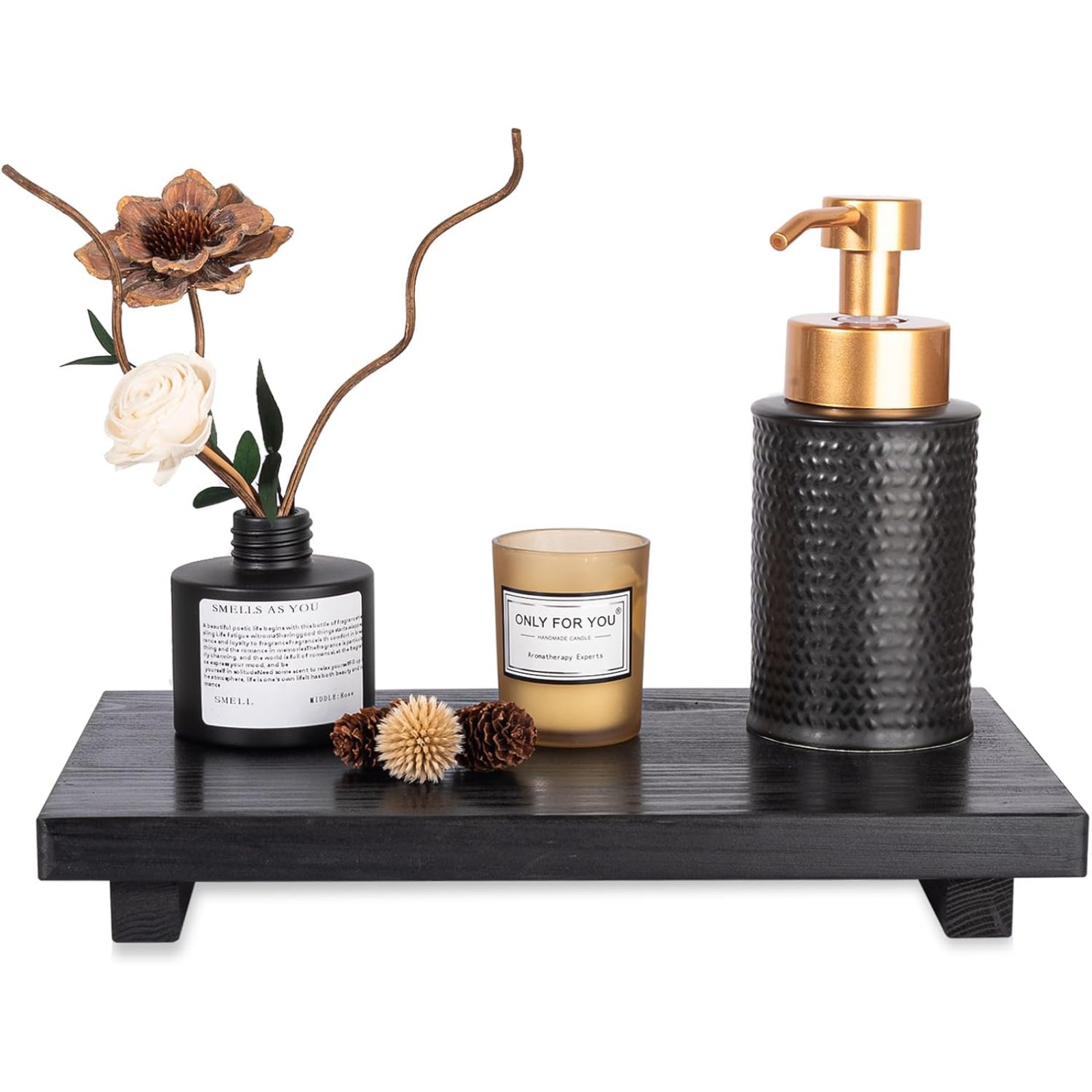 Image of Bathroom Counter Organizer Wood Pedestal Stand Farmhouse Decorative Tray Soap Holder For Kitchen Decor, 9" X 6" Black