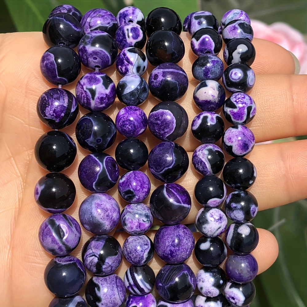 TEMU Perles TOEE ZUBY en Agate de Feu Violette Naturelle - Violet Foncé Adaptées à la Création de Bijoux DIY, Perles Rondes en de 8mm/10mm avec Motif