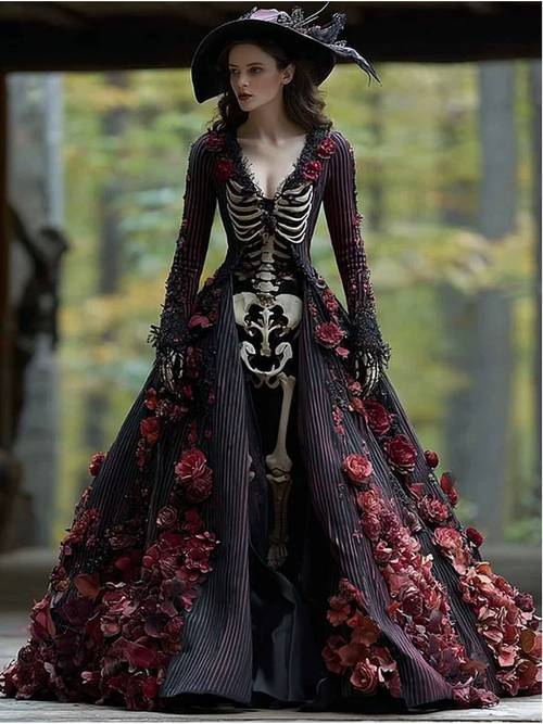 womens halloween gothic style dress with skull and black and silver luxurious gown in sizes suitable for theme parties and unique everyday occasions with a darkly elegant look