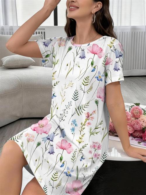 Artikelbild lässiges damen-nachthemd für zu hause, dekoratives freizeitkleidungs-nachthemd mit aquarell-wildblumen-druck, bequem für den heimgebrauch, damen-nachthemd, elegante damenbekleidung für die feiertage, eine perfekte für nachthemd, ideal als geschenk