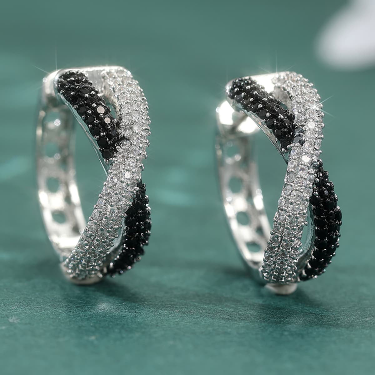 Women's Twisted Hoop Earrings with Black & White Zircon Pave