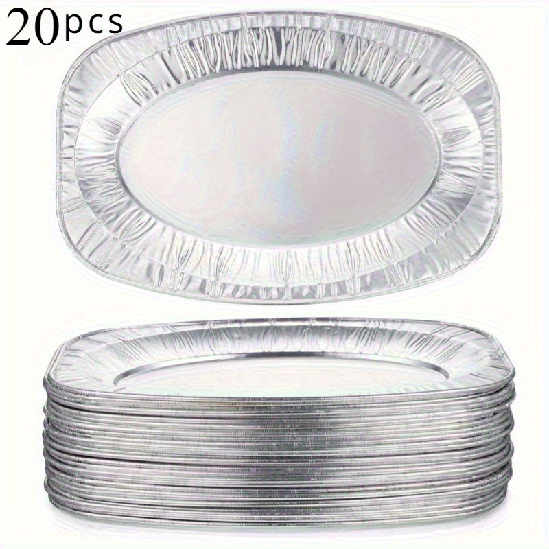 Image of (20pcs) Disposable Aluminum Foil Tray - Heavy-duty Oval Tableware, Suitable For Banquets, Weddings, Barbecues, And Parties - Stable And Practical Food Storage Container