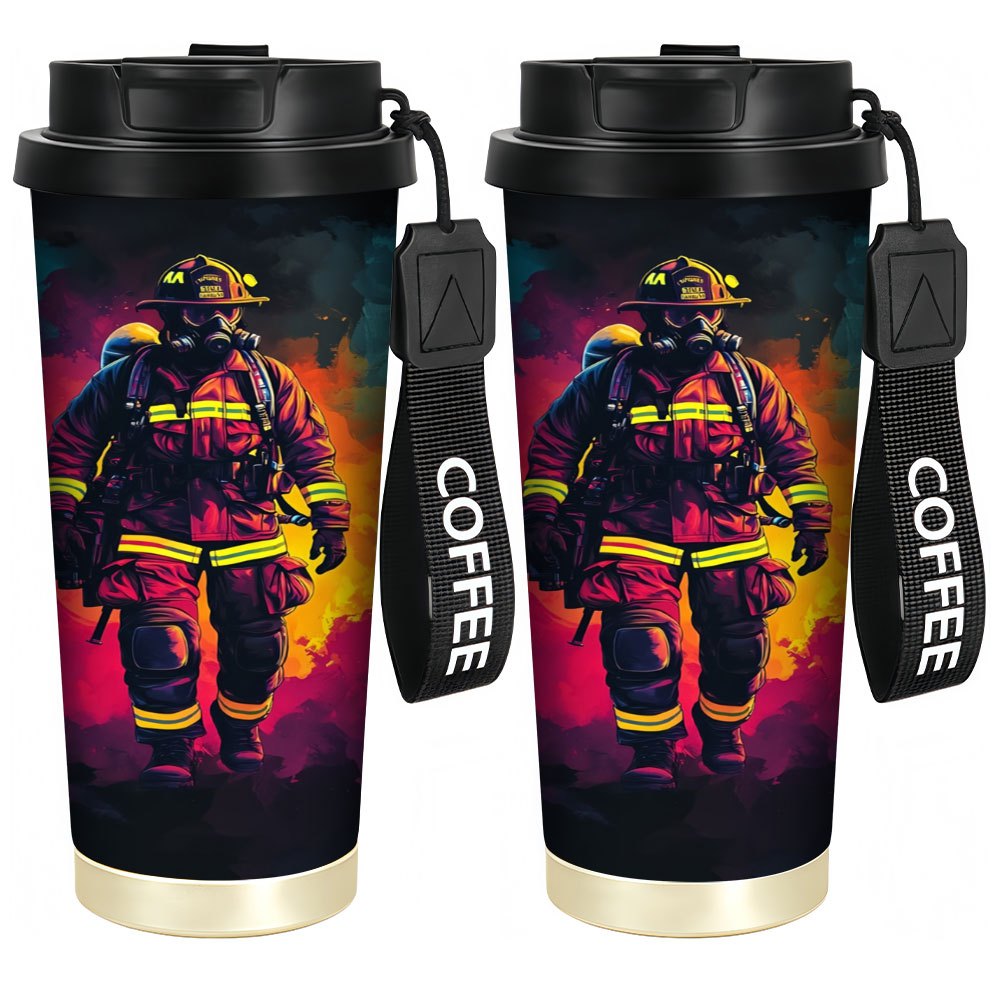 Image of 1pc 18oz Firefighter Design Stainless Steel Tumbler With Leak-proof Lid & Carry Handle - 316 Insulated Cup For Hot/cold Drinks, Durable Gift For Parents, , , Reusable Drinkware, Vibrant Illustration