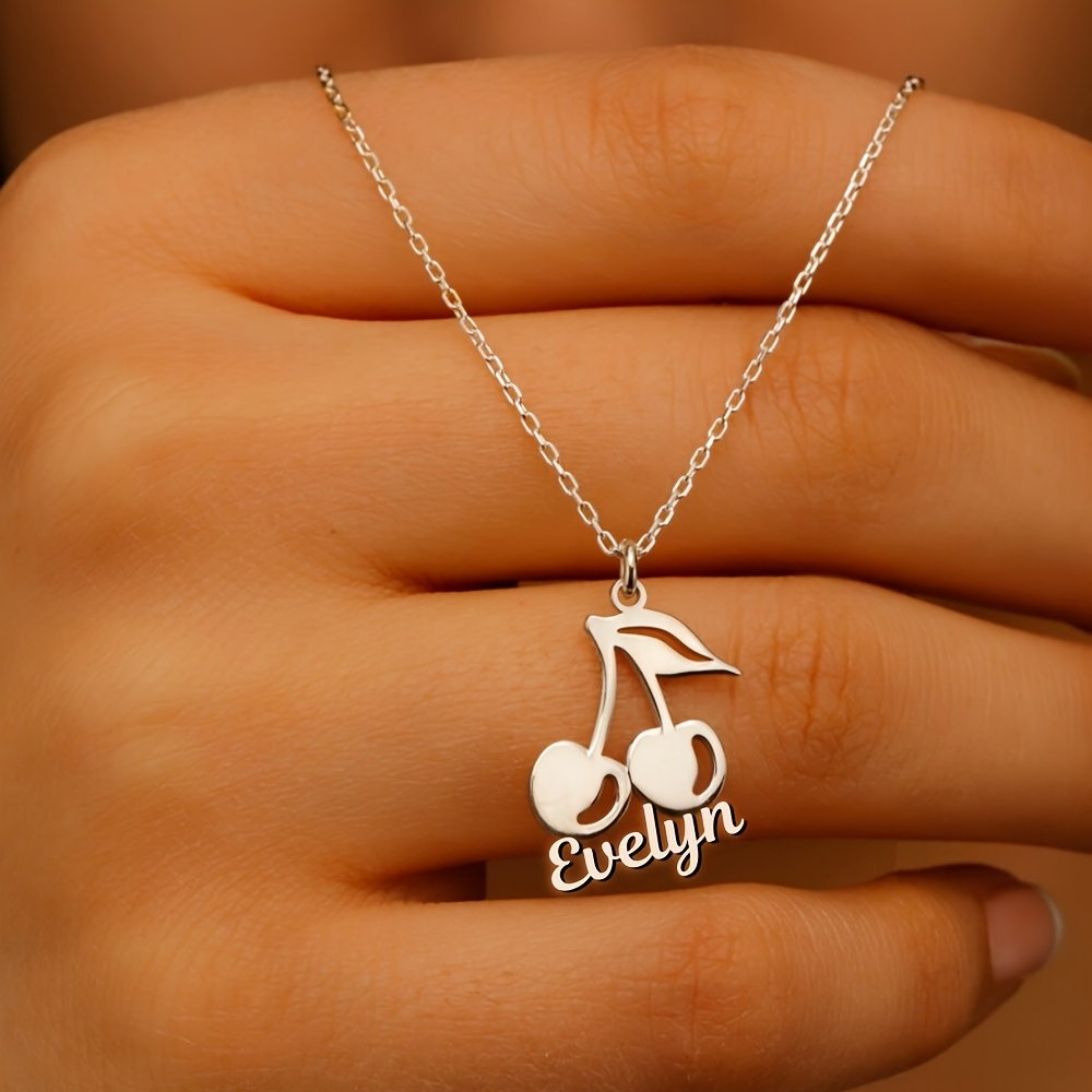TEMU Custom Necklace Personalized Cherry Name Necklace Cute Cartoon Cherry Necklace Stainless Steel Simple Cherry Nameplate Pendant Necklace Women's Trendy Fruit