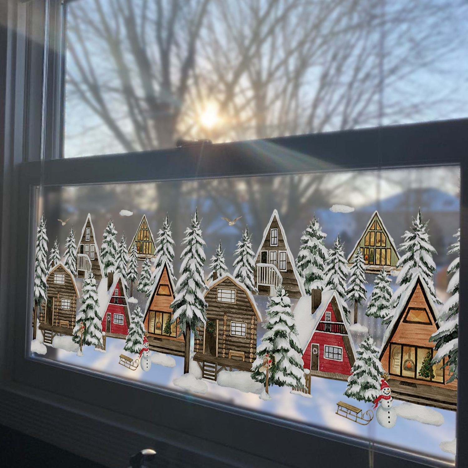 

Rustic Christmas Village Window Cling, Decal, Non-adhesive Film, Double-sided, High Penetration, Decor, No Power Required, Vinyl Material