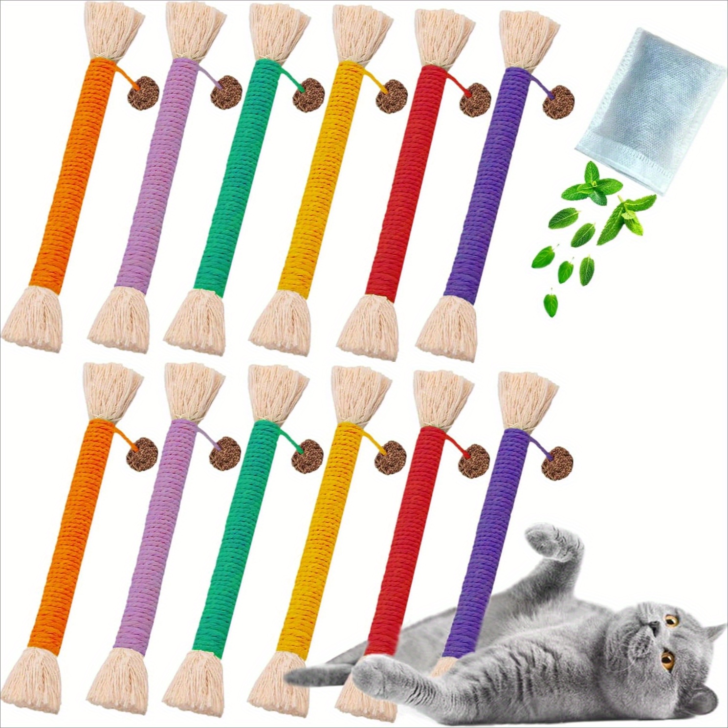 TEMU 12pcs Cat Toys With Catnip Dental Chew Sticks, Interactive Rope Toys For Teeth Cleaning, Kitten Treats