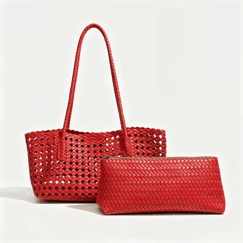 TEMU 2pcs Woven Tote Bag, Black Handbag, Large Capacity Woven Shoulder Strap, Suitable For Daily Commute, , And Seaside Vacation