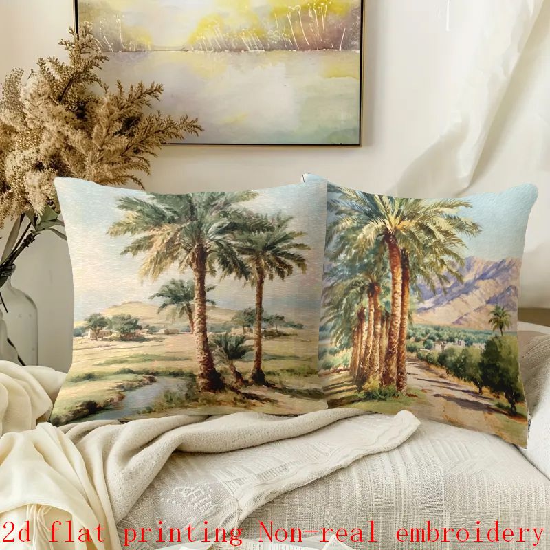 ensemble de 4 taies   rétro aquarelle style vacances, texture   aquarelle palmier ruisseau   lointaines village, illustration décorative    , oreiller décoratif salon chambre à coucher,     non  