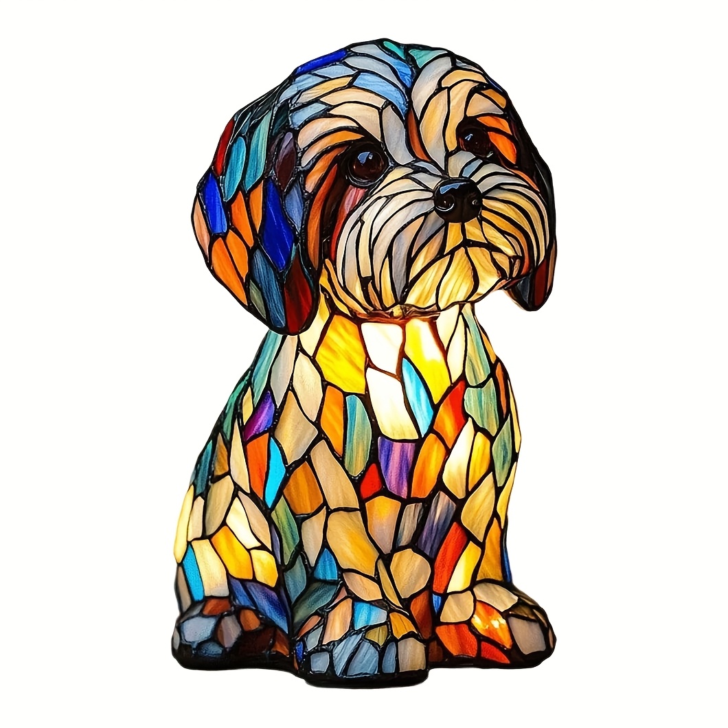 TEMU Handmade Led Stained Glass Glowing Resin Dog Statue- No-plug Low-voltage Puppy Night Light For New Year, Spring Festival, Valentine's Day, Bedside, Bookshelf, Desktop& Outdoor Home Decor