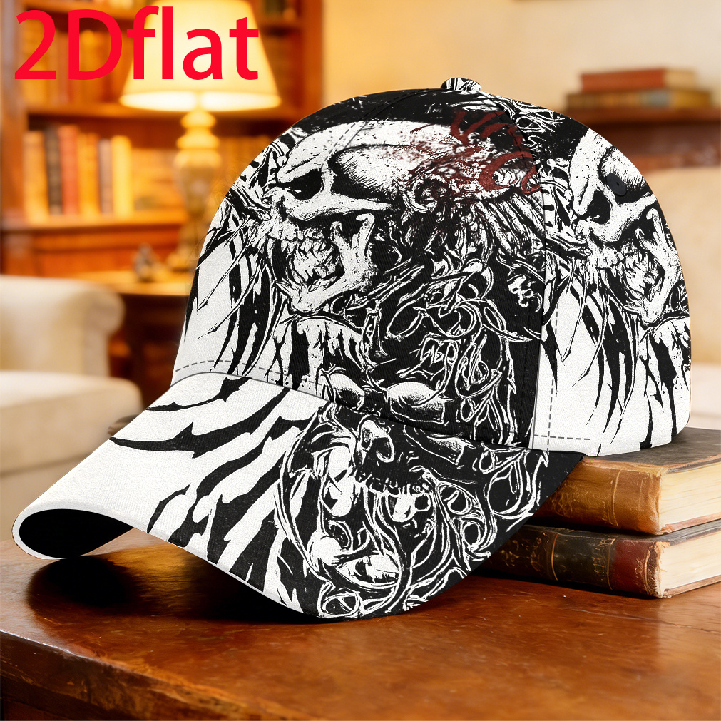 TEMU 1pc-2dflat And Skull Print Art Baseball Cap Driver Cap Holiday Gift Curved Brim Cap Gift For Mom Casual Wear Adjustable Size Fishing Vacation