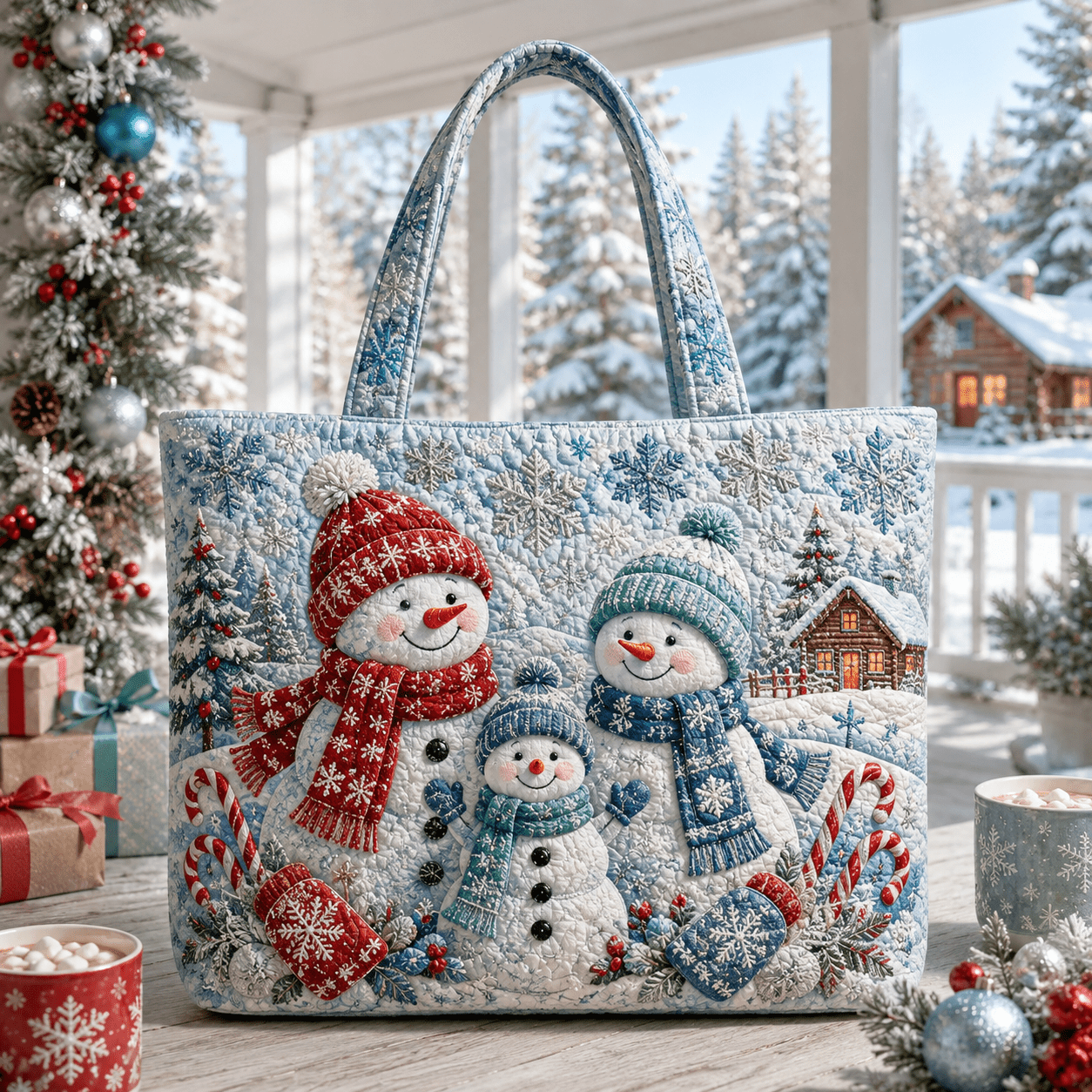 TEMU Women's Quilted Tote Bag, Snowman Family Snowflake And Pine Tree Print, Christmas Style, Large Handbag For Holiday Markets, , , Shopping