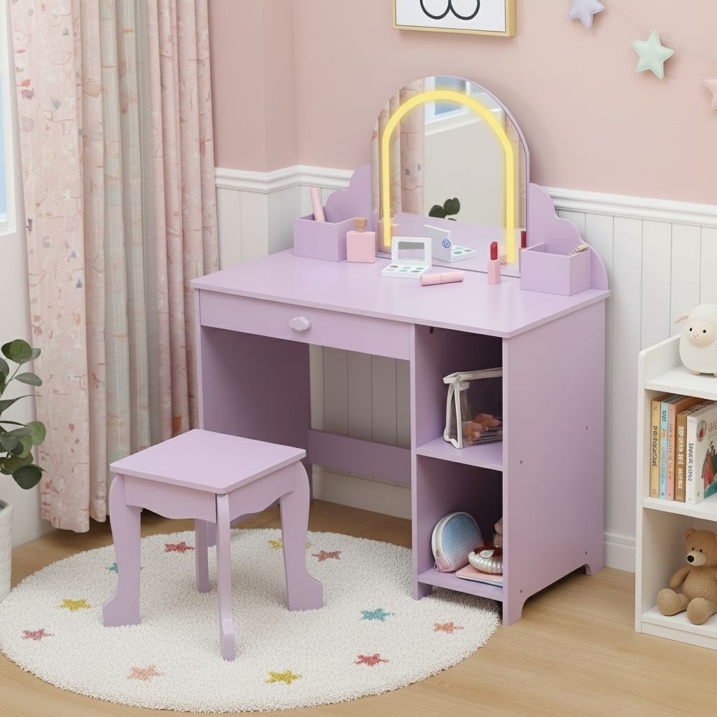 Girls' Kids Vanity Desk with Mirror & Stool - Princess Makeup Table with Drawer, Shelves & Cubbies, Toddler Dressing Table Suitable for Little Girls, Assembly, Non-Wood